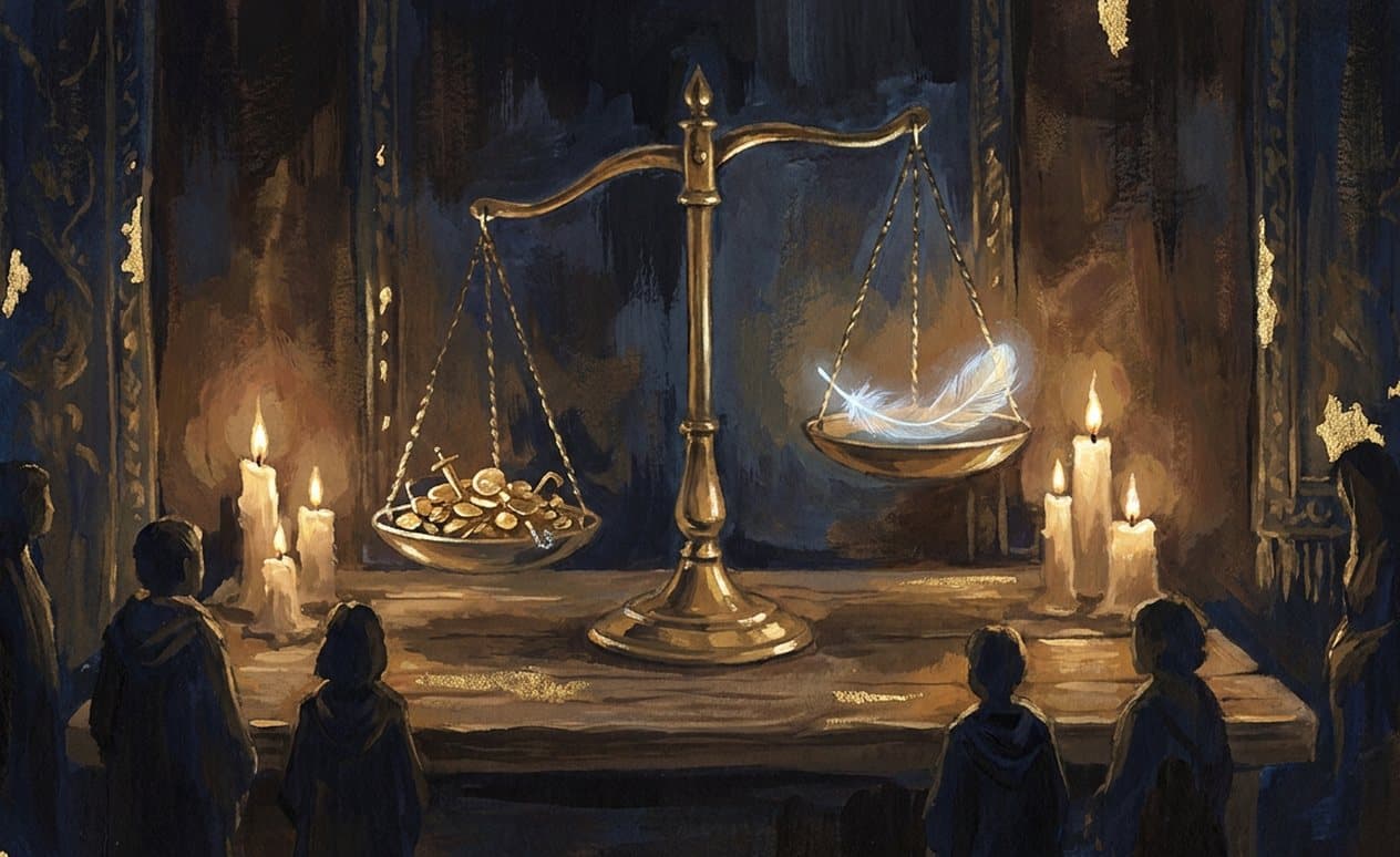Старинные латунные весы при свечах: на одной чаше золотые монеты, на другой светящееся перо.