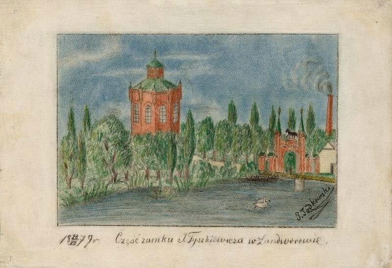 Рисунок усадьбы Лентвариса, 1879 год Акварельный рисунок 1879 года: башня усадьбы у озера, кипарисы, ворота, дымящая труба, лебедь