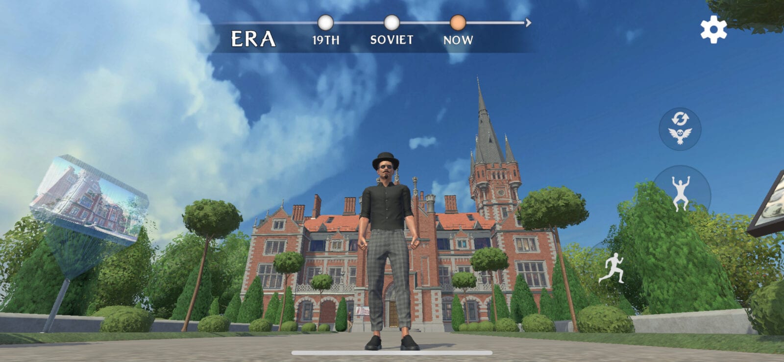 Виртуальный кампус Mind University на Unity Виртуальный кампус на Unity: аватар в шляпе перед кирпичным зданием, переключатель эпох сверху