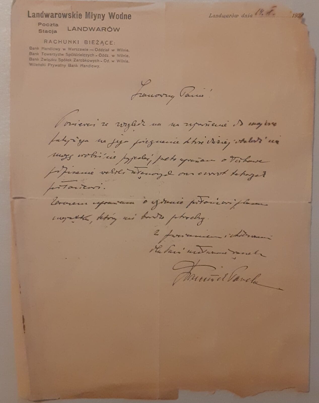 Письмо на бланке мельниц Лентвариса, 1921 Пожелтевший лист с типографским бланком водяных мельниц Лентвариса и рукописным письмом на польском языке
