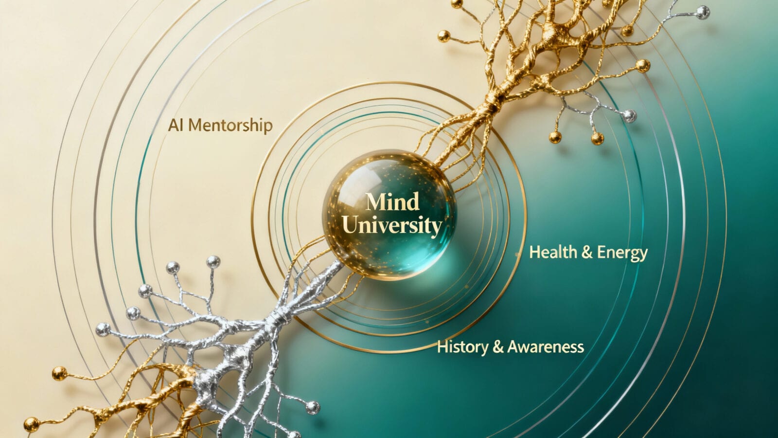 Архитектура модели Mind University Золотисто-бирюзовая сфера с надписью Mind University в центре концентрических кругов и нейронных ветвей