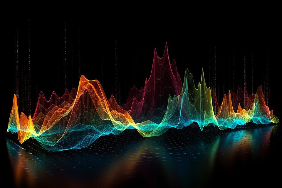 Биопаттерны как вибрационные волны Разноцветные светящиеся волновые линии с пиками на чёрном фоне и отражением внизу